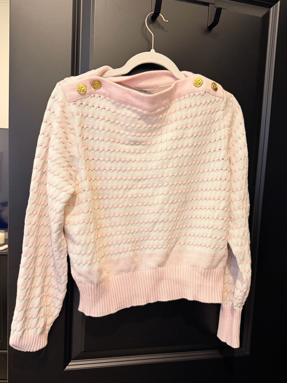 Soft Pink Cowl-Neck Sweater with Gold Shoulder Buttons